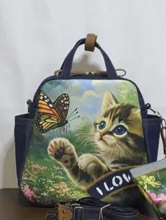 ハンドメイド☆岡山デニム☆ステンシル☆ハチワレネコ☆子猫☆4way