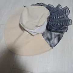 リボン付きベージュストライプアウトドアハット