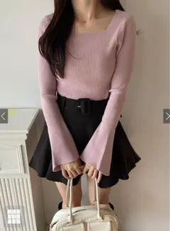 GRL スクエアネックフレアスフリーブリブニットトップス