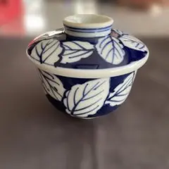 茶碗蒸し用蓋付茶碗　染付 葉文様 陶磁器　5セットのサムネイル