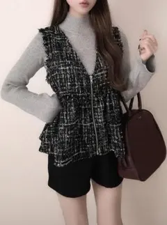 【新品即発送】GRL ラメツイードペプラムジップアップベスト[fo2067]