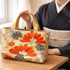 【◎59】 袋帯 リメイク ハンドメイド トートバッグ オレンジ ゴールド
