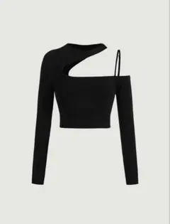 ワンショルダー カットアウト リブトップス ブラック 長袖 セクシー