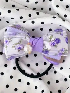 ホワイトパープルフラワーリボンゴム