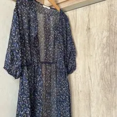 ネイビー花柄ロングワンピース　前開き