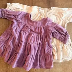 サイズ80 プティマイン　パープルとベージュのコーデュロイフリルワンピースセット