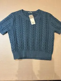GU ケーブルクルーネックセーター　半袖ブルー　XL 短丈のサムネイル