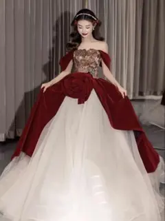 ワインレッド ウェディングドレス オフショルダー