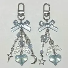 ビーズキーホルダー チャーム 水色 リボン 星 ハート 2個セット 韓国