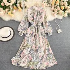 【大人気】花柄長袖 ロングフレアワンピース♡ピンク