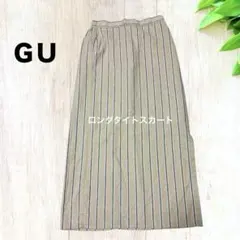 【ＧＵ】タイトスカート コットンリネン　ストライプ　サイドスリット