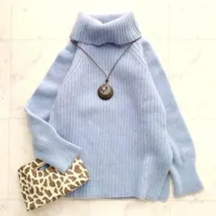 美品 スピックアンドスパン ウール100% アゼBIGタートル ニット ブルー