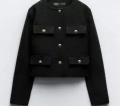 ZARAツイードノーカラージャケット　ブラック