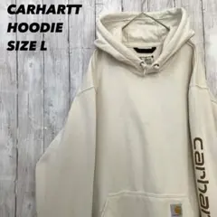 カーハート プルオーバー パーカー Lオフホワイト 袖ロゴ ルーズフィット 古着