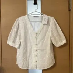 BLANC FICELLE 半袖レース　シャツ ホワイト　パールボタン