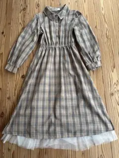 チェック柄長袖ワンピース（ウエストゴム）