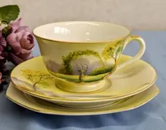 オールドノリタケ トリオ ティーカップ＆ソーサー ケーキ皿 湖畔 ハンドペイント
