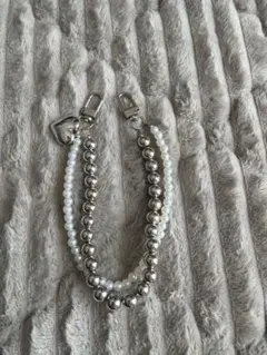 パール × シルバー ビーズ バッグチャーム スマホストラップ キーチェーン