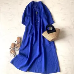 美品＊ビアズリー リネンスキッパーワンピース F ネイビー紺 麻100