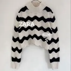 ZARA 透かし編み ウェーブボーダー ハイネックニット S　ショート丈