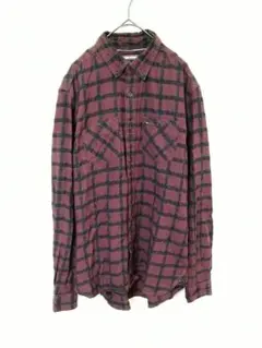 トミーヒルフィガー　長袖シャツ　メンズS　赤色系　格子柄　ボタンダウン　黒色
