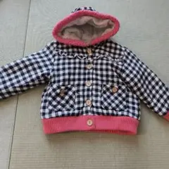 キッズ 中綿コート 黒と白のチェック柄 フリースフード 110