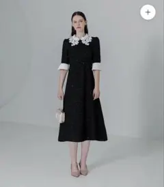 【LEJA】花柄レースカラースパンコール刺繍Aラインフレアドレスワンピース