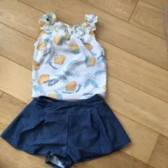 レモン柄水着とデニム風ショートパンツ　水着セット　130