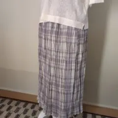 群言堂　淡い紫系チェック プリーツロングスカート