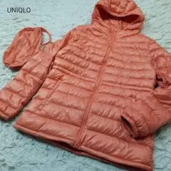 収納袋付UNIQLOレディースM軽量防寒ウルトラライトダウンパーカーロング橙色