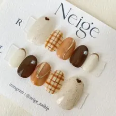 ニュアンスネイルチップ　秋ネイル　ブラウン　オレンジ　チェック　ミラーネイル