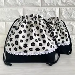 ハンドメイド　お弁当袋&コップ袋　小花柄　レース　ブラック　フラワー　入園　入学