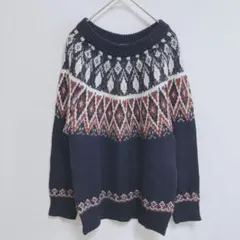 サニーレーベル　ニットセーター ネイビー　コットン　フェアアイル柄 フリー