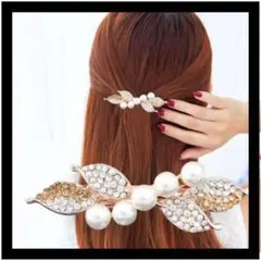 パールのキラキラバレッタ　ゴールド　結婚式　ヘアアクセ