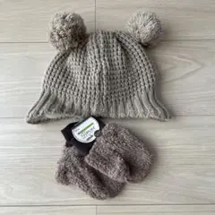 クマ耳つきニット帽とミトンセット