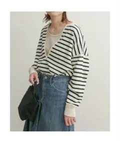 DOORS アーバンリサーチ ドアーズ 片畦ボーダーVネックプルオーバー