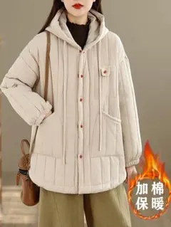 フード付き レトロ 暖かい 中綿入り アウター ポケット付き シンプル