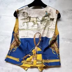 リメイク✨エルメス ベスト カレ90 カリックアポンプ シルク 馬車 青黄 Mのサムネイル