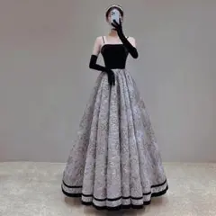 イヴニングドレス　ロングドレス　パーティードレス　パール　刺繡　サイズM