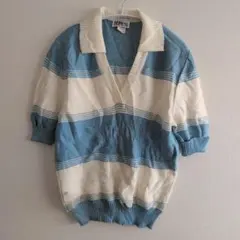 希少 Riken【FREE】青と白のストライプ 半袖ニット