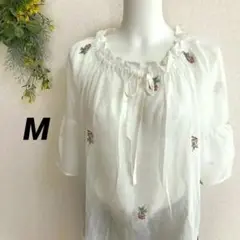 刺繍入りホワイト五分袖チュニック◇花刺繍【M】リボン フリル シースルー 可愛い