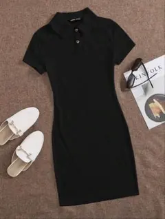 SHEIN ポロネック 半袖 ミニワンピース ブラックのサムネイル