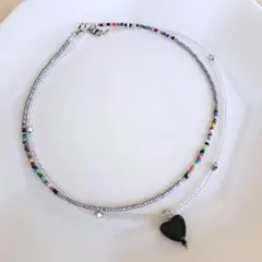No.186 ビーズネックレス　ハンドメイド　重ね付け2個セット ハート黒