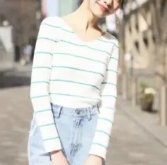 【新品未使用】ローリーズファーム 2WAY ボーダー リブニット 薄手ニット M