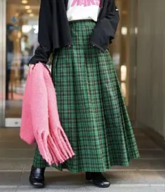 グリーン チェック プリーツ ロングスカート