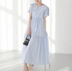 Fitmore ジャガード袖フリルティアードワンピース ブルー ショート