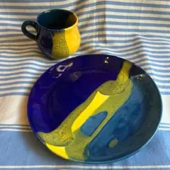 ハネンさんのカラフル陶器 ネイビー&イエロー お皿とボウルのセット