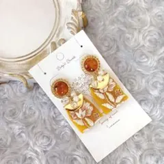 インド刺繍リボン ハンドメイド フラワーモチーフ ピアス 大ぶり イエロー 茶色