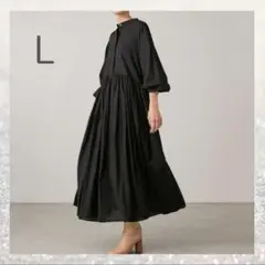 ロングワンピース L ブラック　ワンピ ギャザー　ロング丈 長袖 マタニティ
