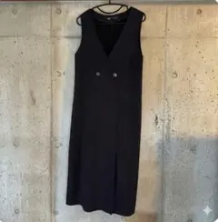 美品 ZARA ジャンパースカート ロングワンピース ダブルボタンVネック紺S